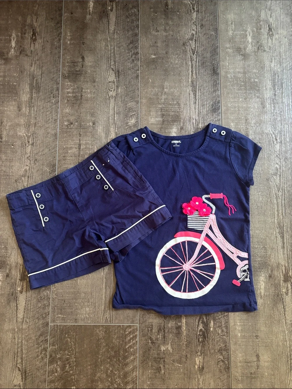 Gymboree Navy Tee with Pink Bicycle Graphic and shorts